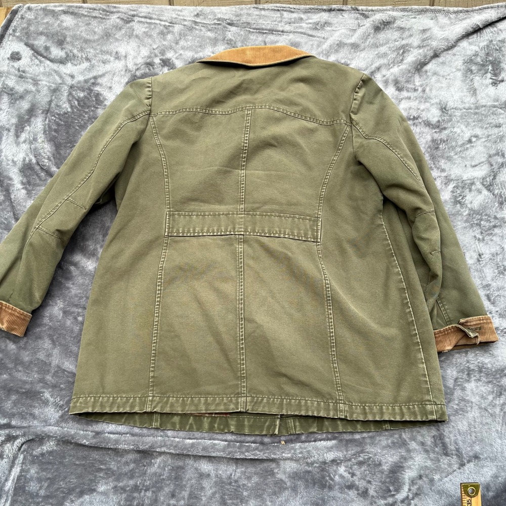 LL Bean Womens Field Coat Barn Jacket Olive Green Corduroy Trim Plaid Lined L - Picture 5 of 10